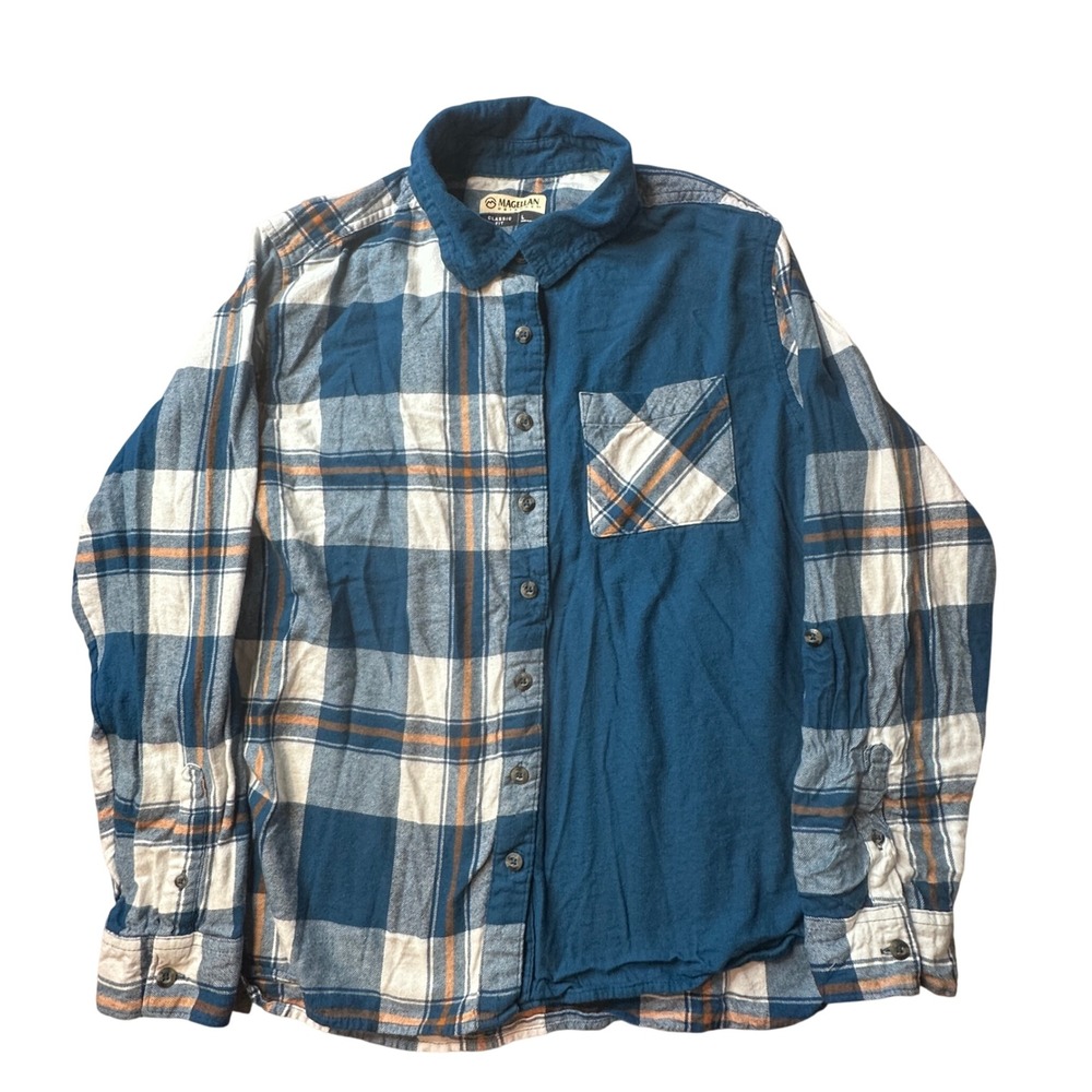 Magellan Outdoors Shirt Womens L Blue Plaid Willow Creek Mixed Media Button Down